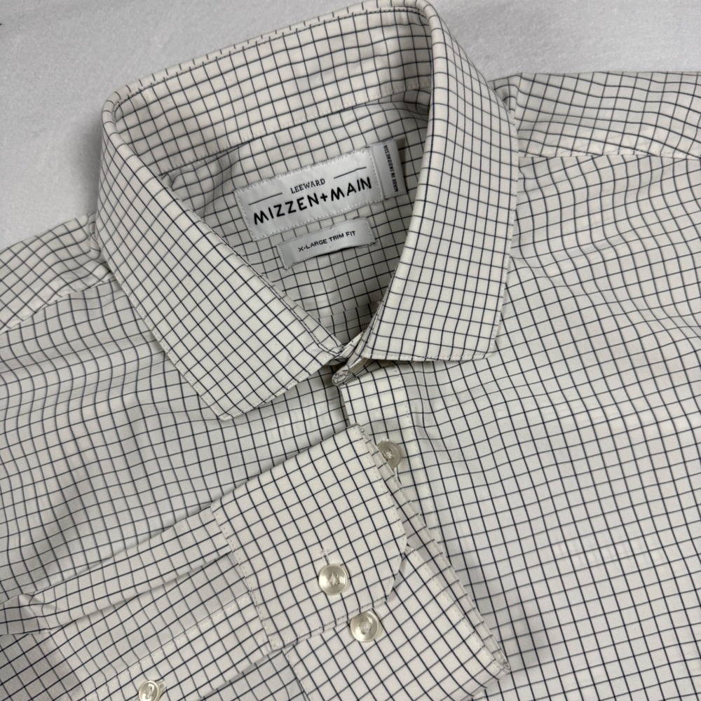 Mizzen+Main Leeward Dress Shirt XL Trim Fit White Navy Blue Windowpane Stretch